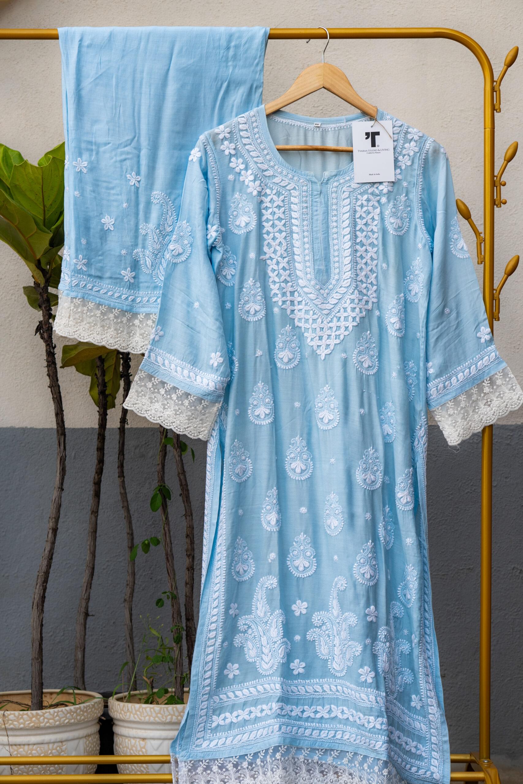 Sky Blue Chikankari Embroidered Kurti Set - Image 3