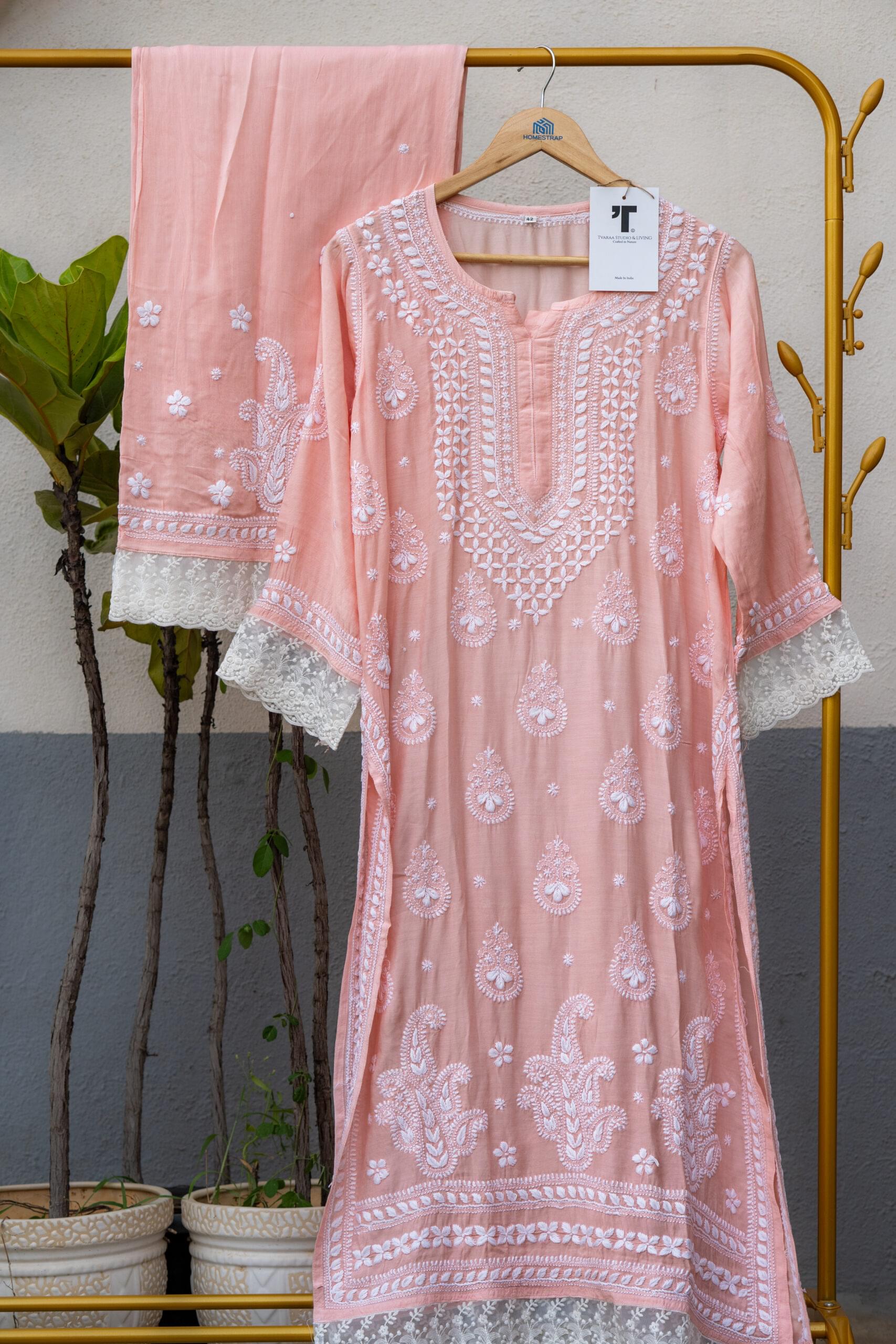 Peach Chikankari Embroidered Kurti Set - Image 3