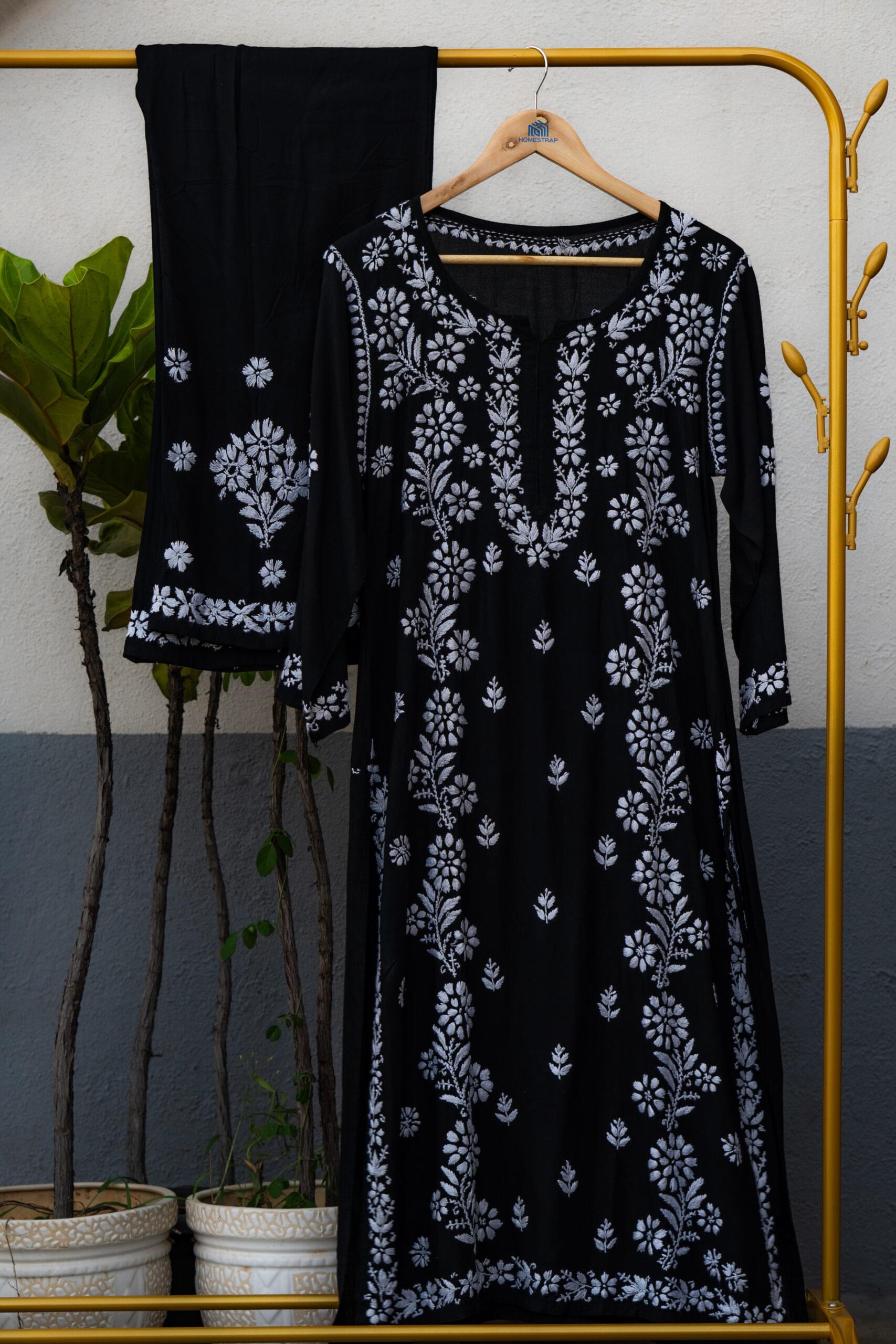 Black Floral Embroidered Kurti Set - Image 3