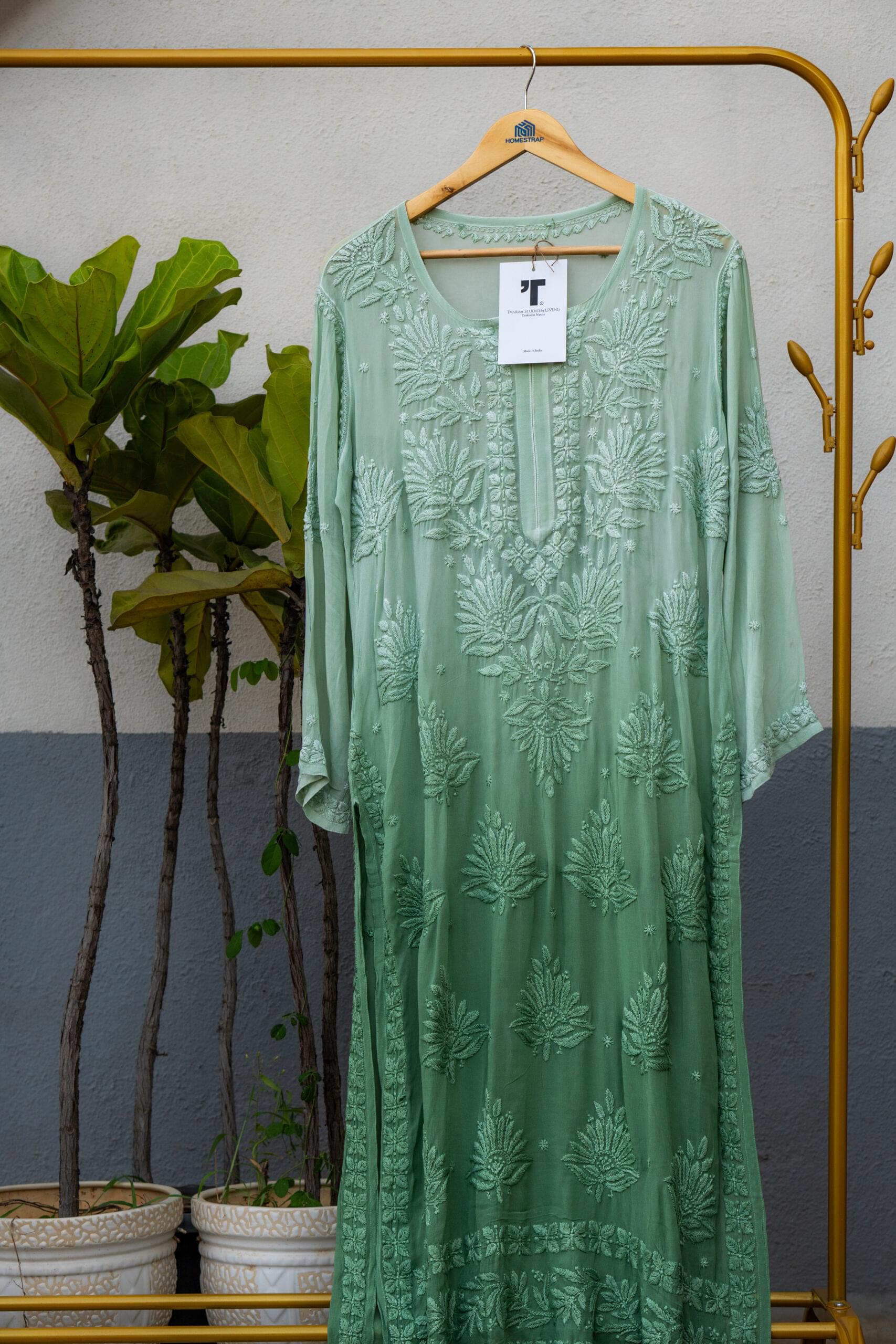 Mint Green Embroidered Net Kurti - Image 3