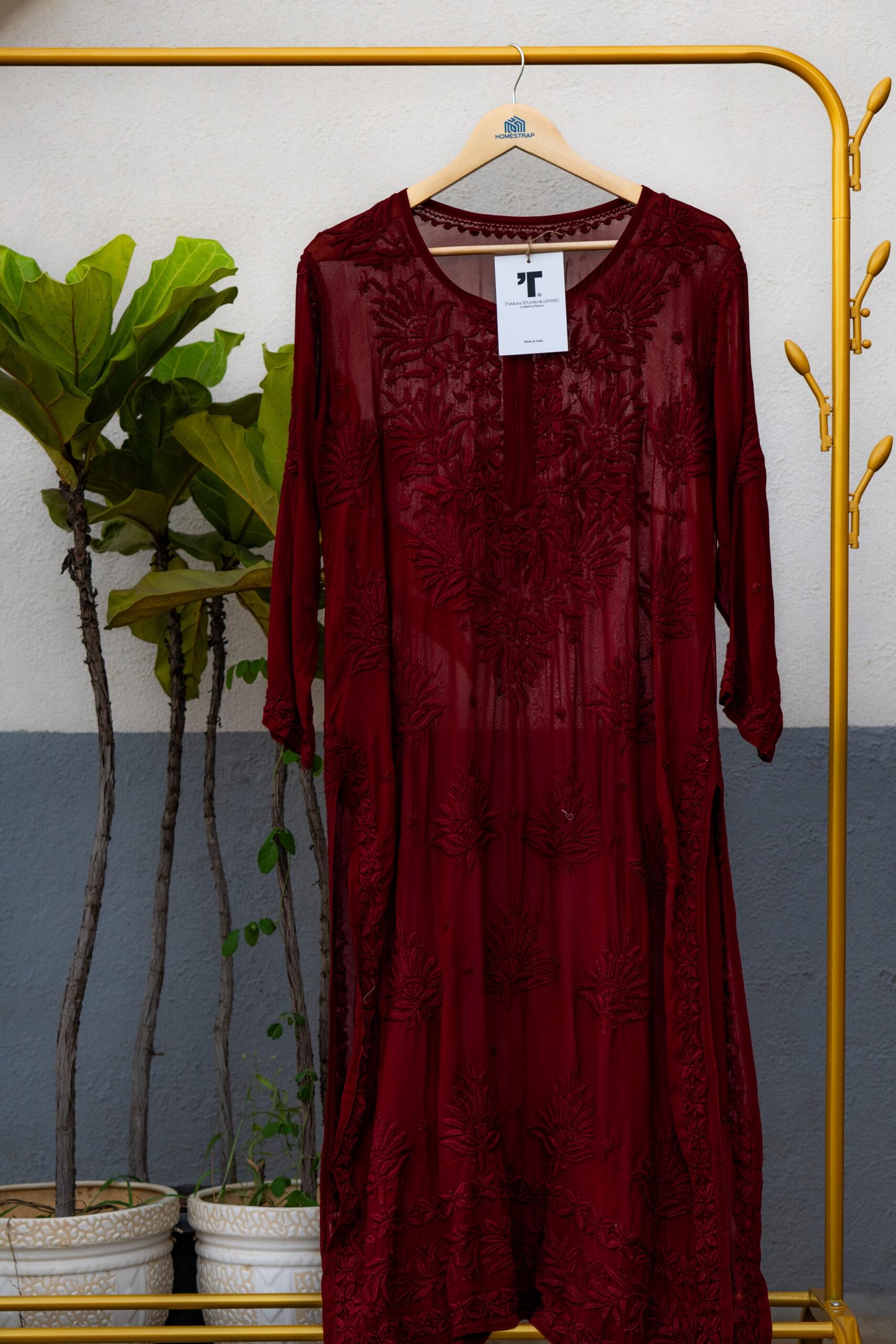 Wine Red Embroidered Net Kurti - Image 3