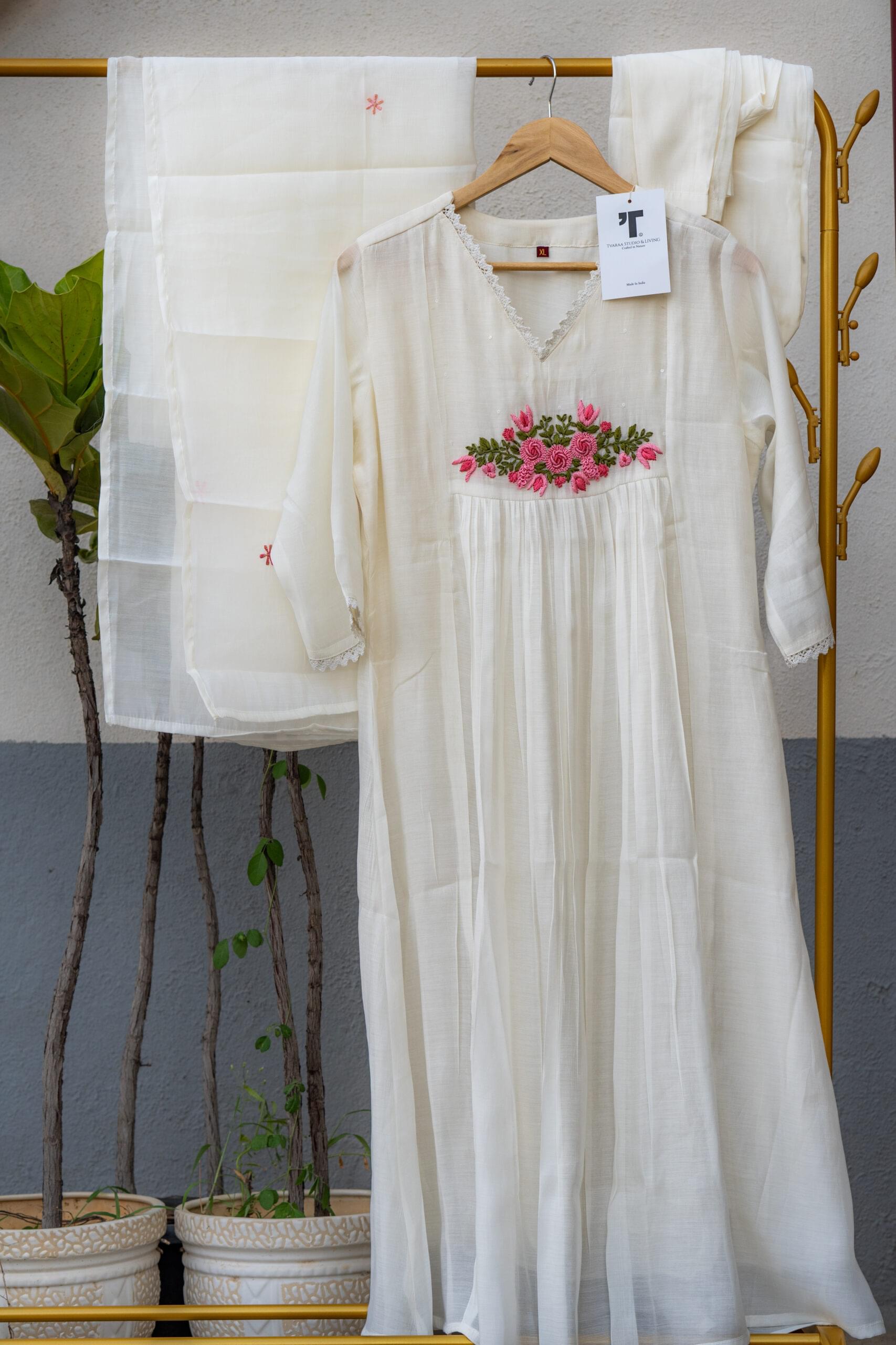 Ivory Floral Embroidered  ⁠Anarkali Suits - Image 3