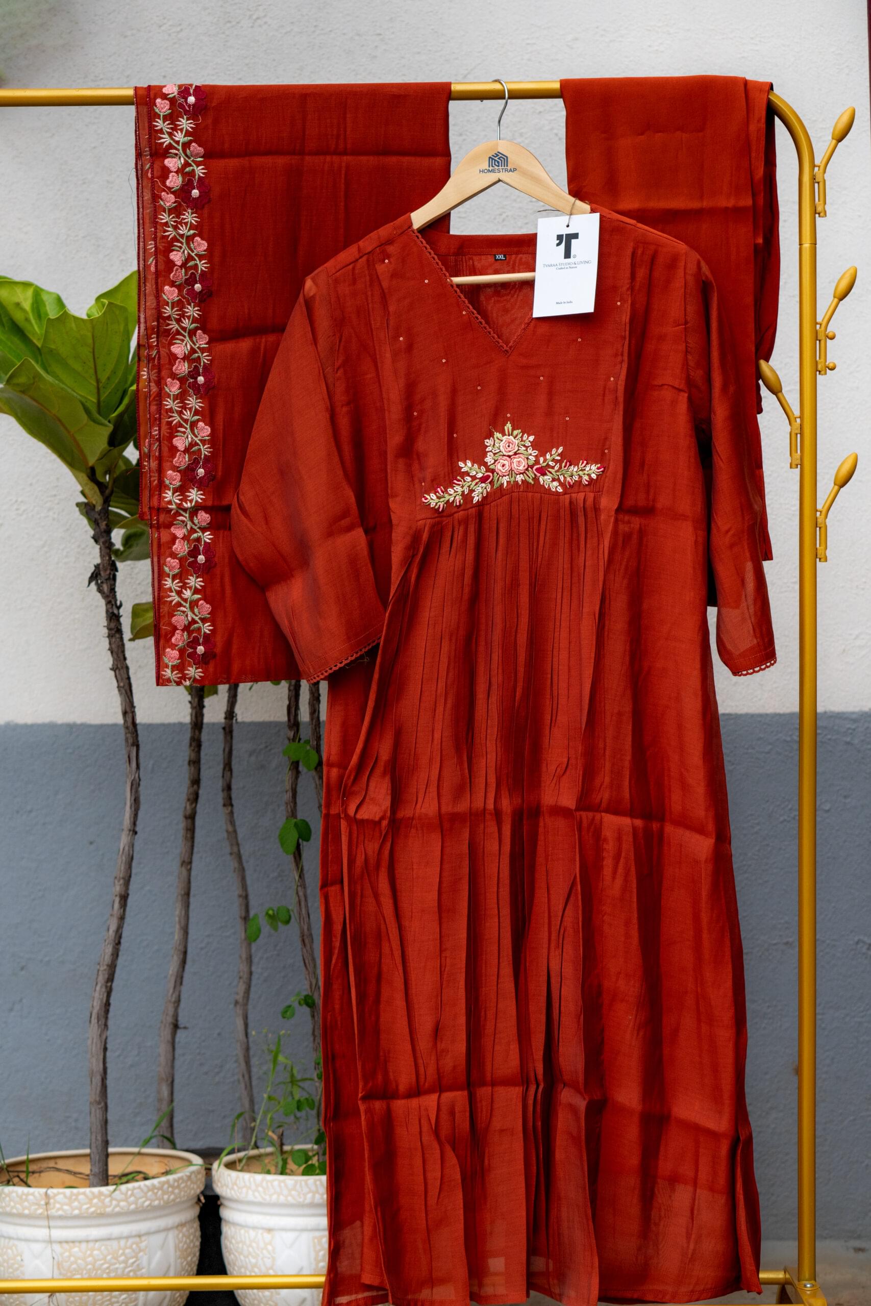 Rust Orange Floral Embroidered Anarkali Suits - Image 3