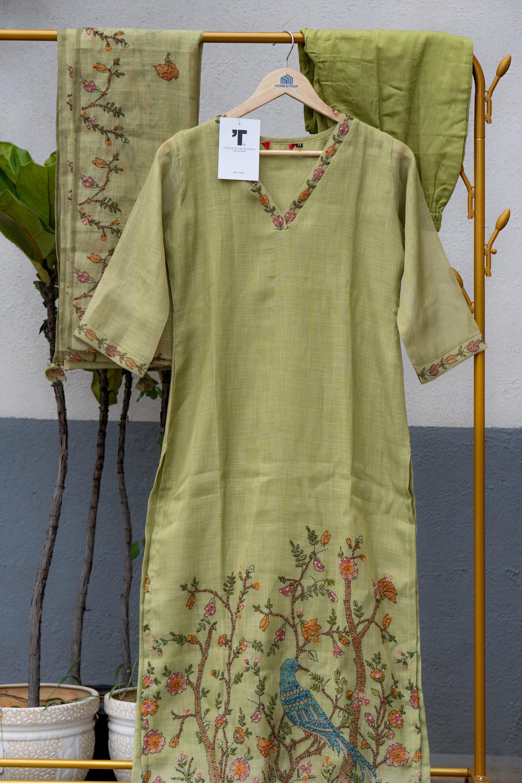 Sage Green Bird Embroidered Kurti Set - Image 3