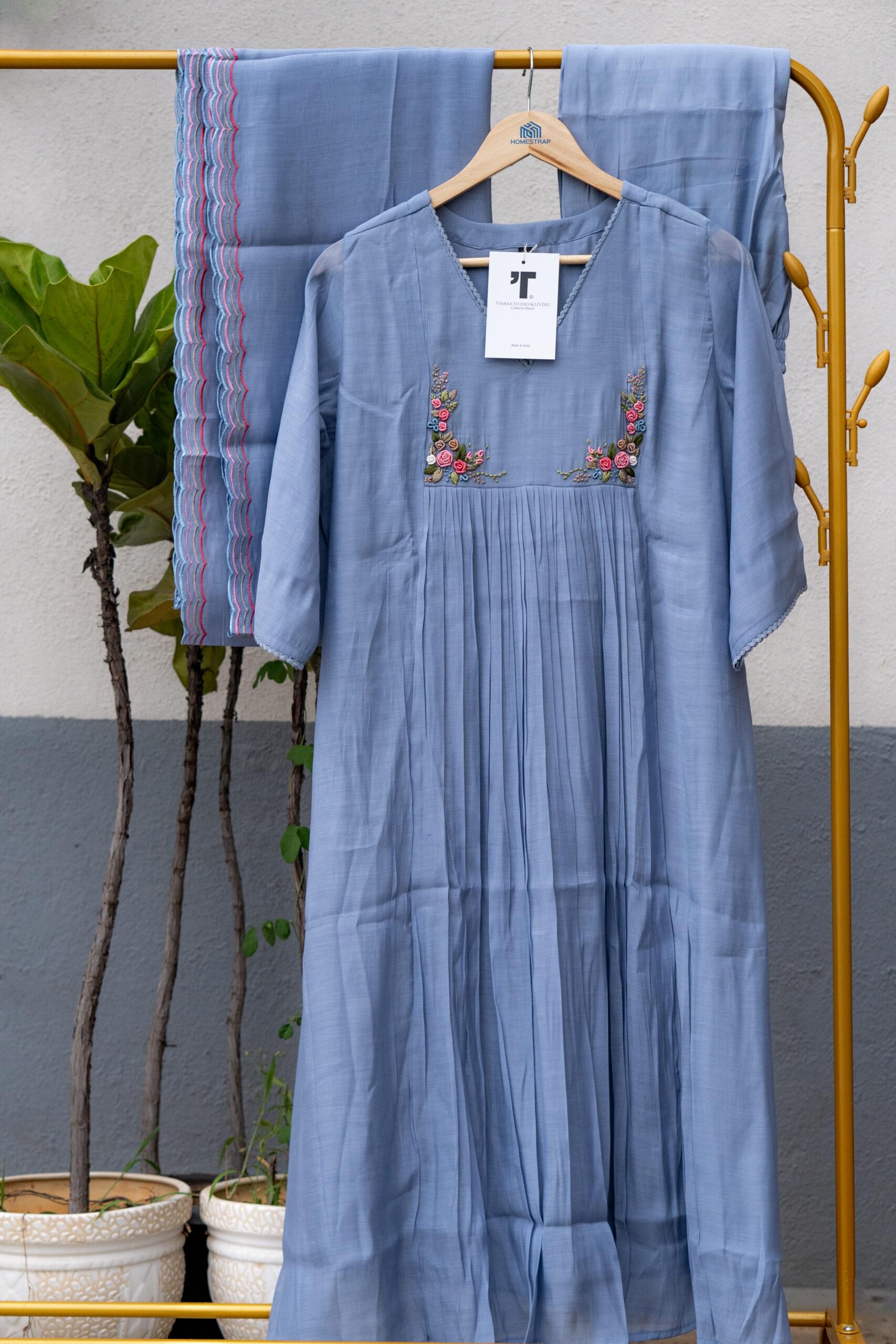 Dusty Blue Floral Embroidered Kurti Set - Image 5