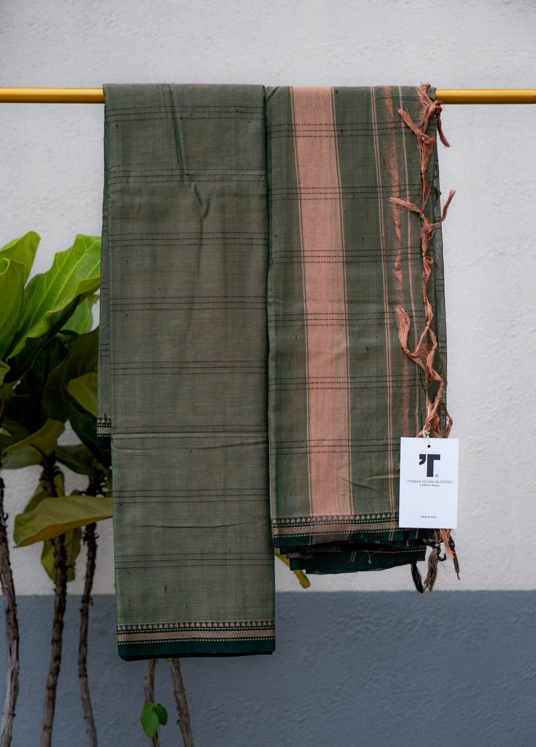 Olive Green Checked Dress Material - Image 4